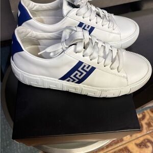 Versace White and Blue Sneakers with Textured Leather and Chunky Sole